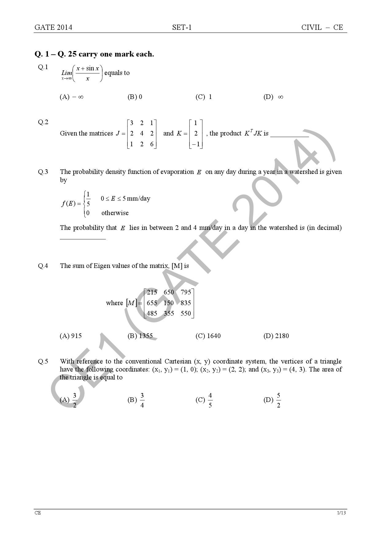 GATE Exam Question Paper 2014 Civil Engineering Set 1 7