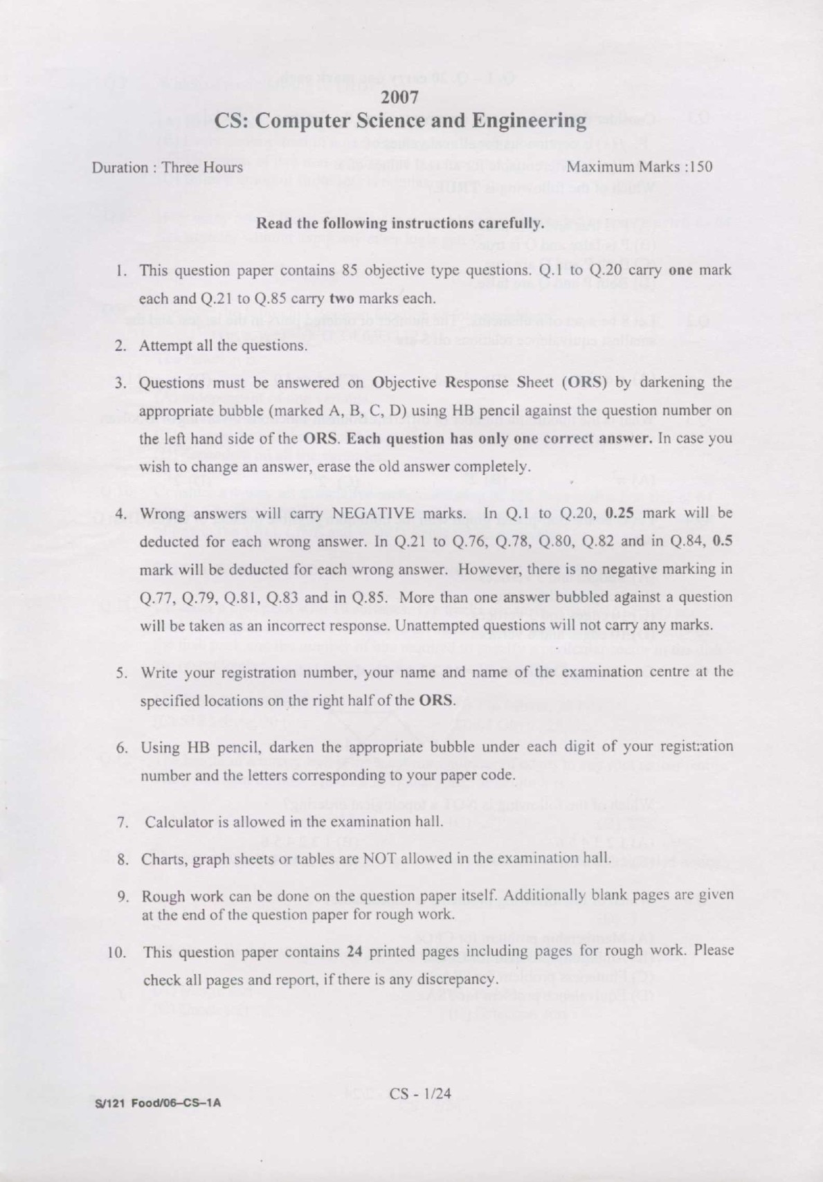 GATE Exam Question Paper 2007 Computer Science and Information Technology 1
