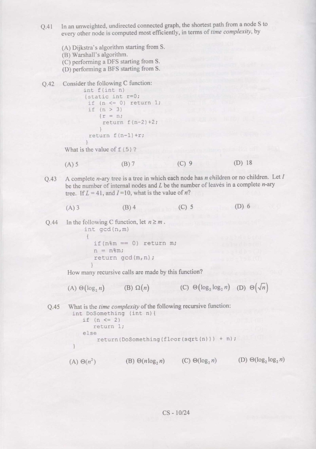 GATE Exam Question Paper 2007 Computer Science and Information Technology 10