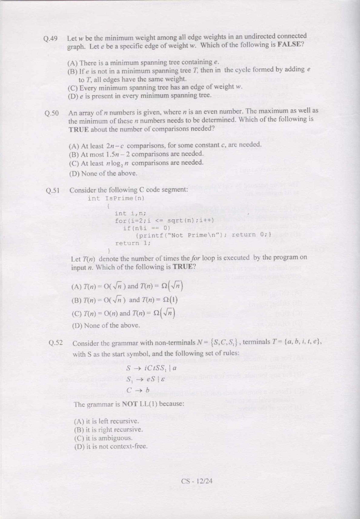 GATE Exam Question Paper 2007 Computer Science and Information Technology 12