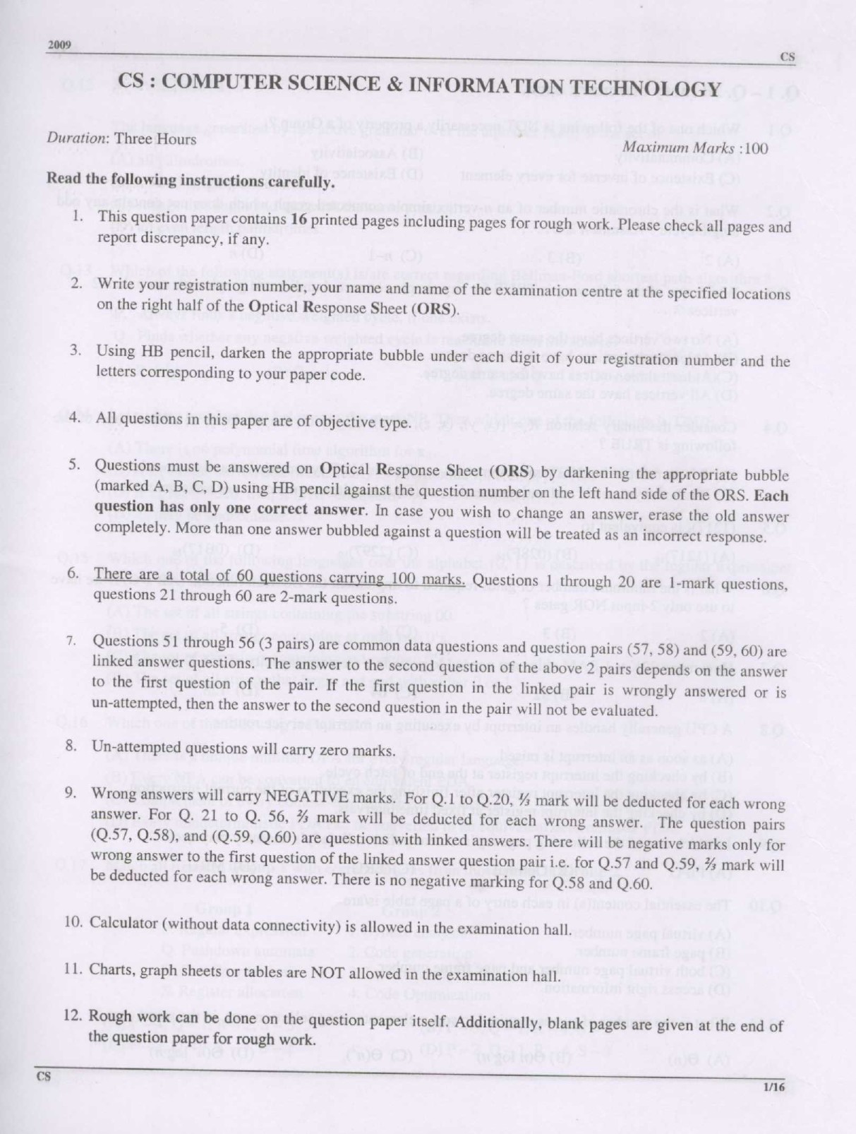 GATE Exam Question Paper 2009 Computer Science and Information Technology 1