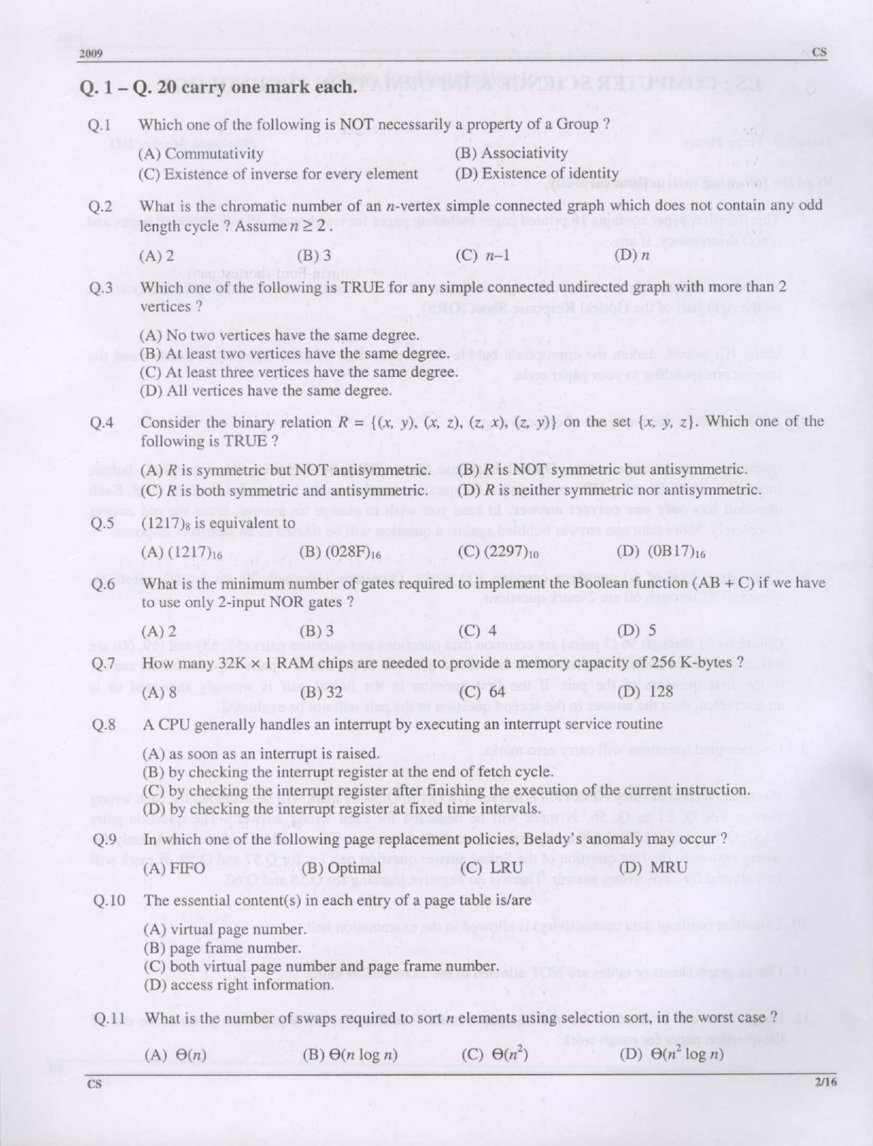 GATE Exam Question Paper 2009 Computer Science and Information Technology 2