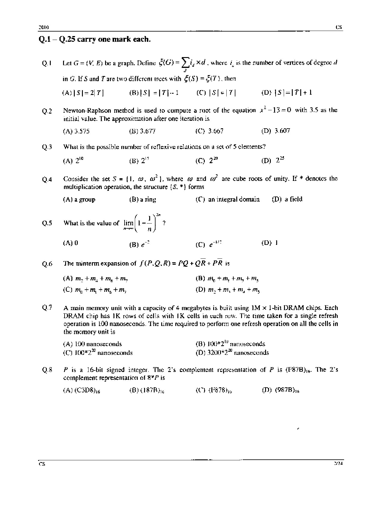 GATE Exam Question Paper 2010 Computer Science and Information Technology 2