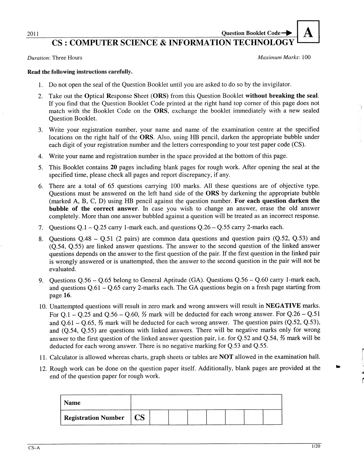 GATE Exam Question Paper 2011 Computer Science and Information Technology 1