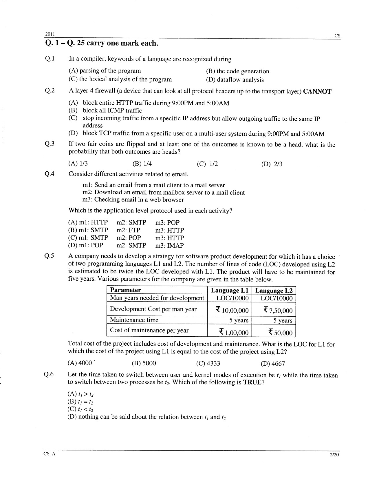 GATE Exam Question Paper 2011 Computer Science and Information Technology 2