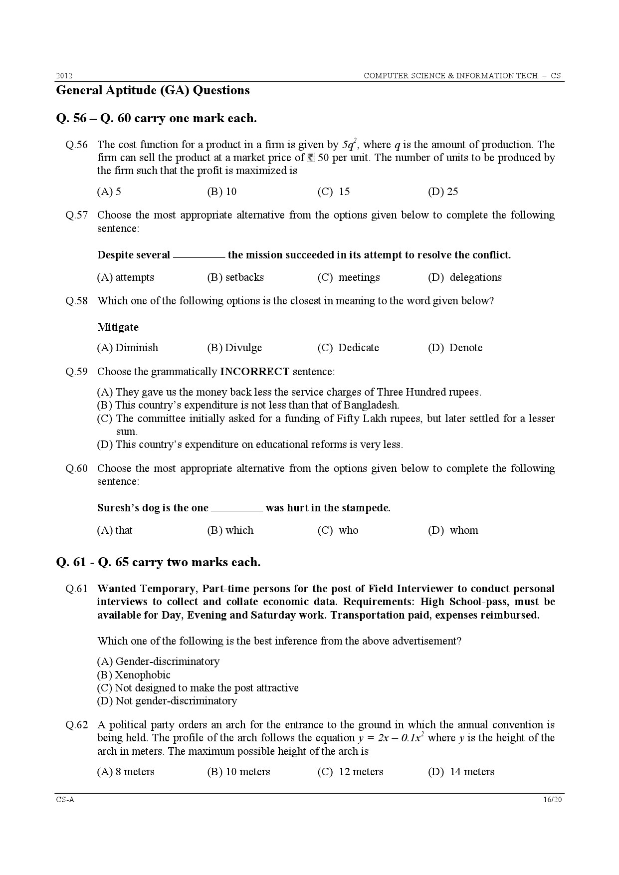 GATE Exam Question Paper 2012 Computer Science and Information Technology 16