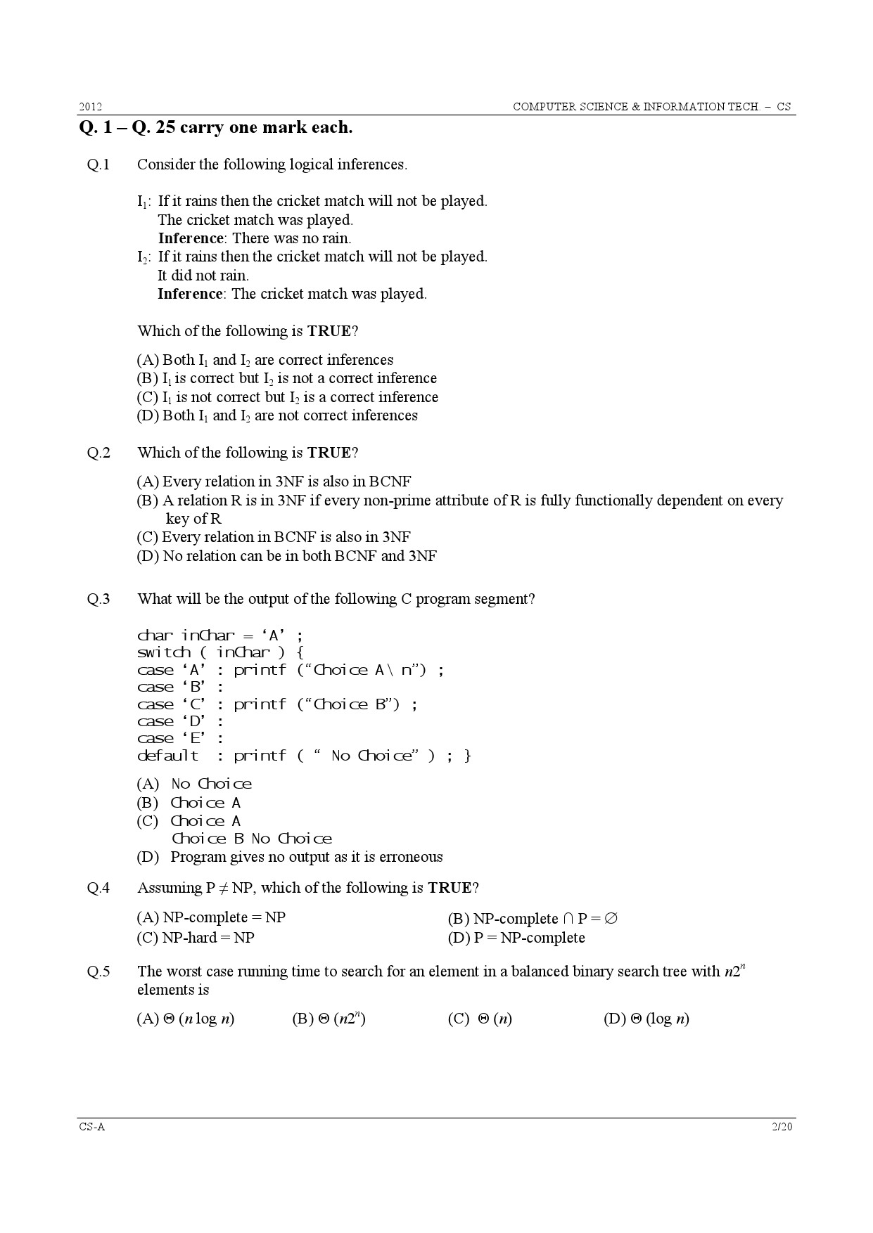 GATE Exam Question Paper 2012 Computer Science and Information Technology 2