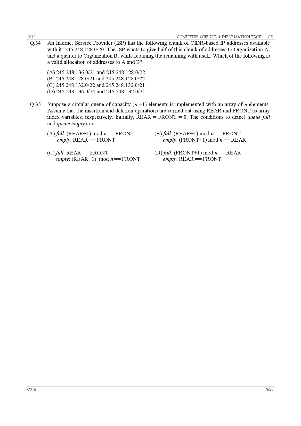 GATE Exam Question Paper 2012 Computer Science and Information Technology 8