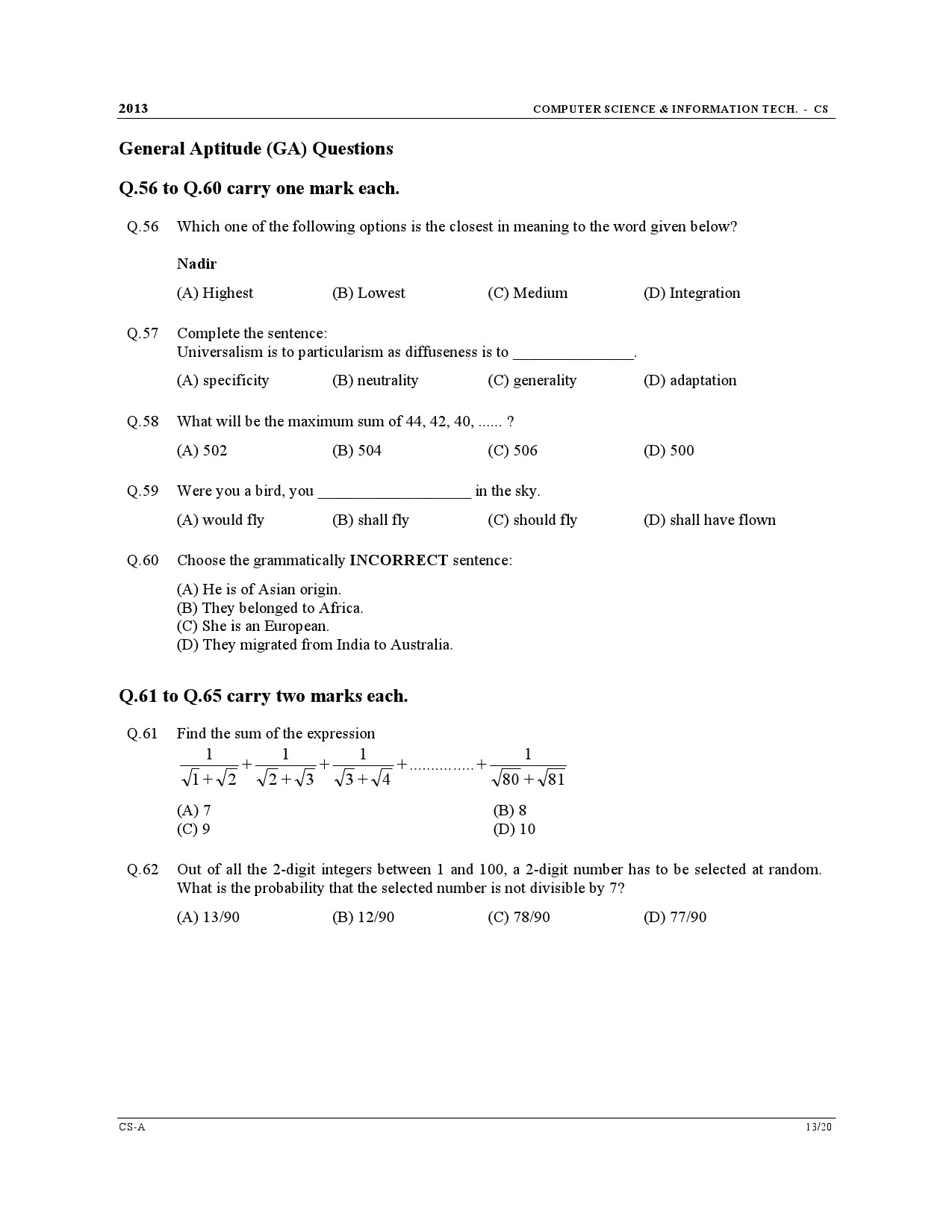 GATE Exam Question Paper 2013 Computer Science and Information Technology 13