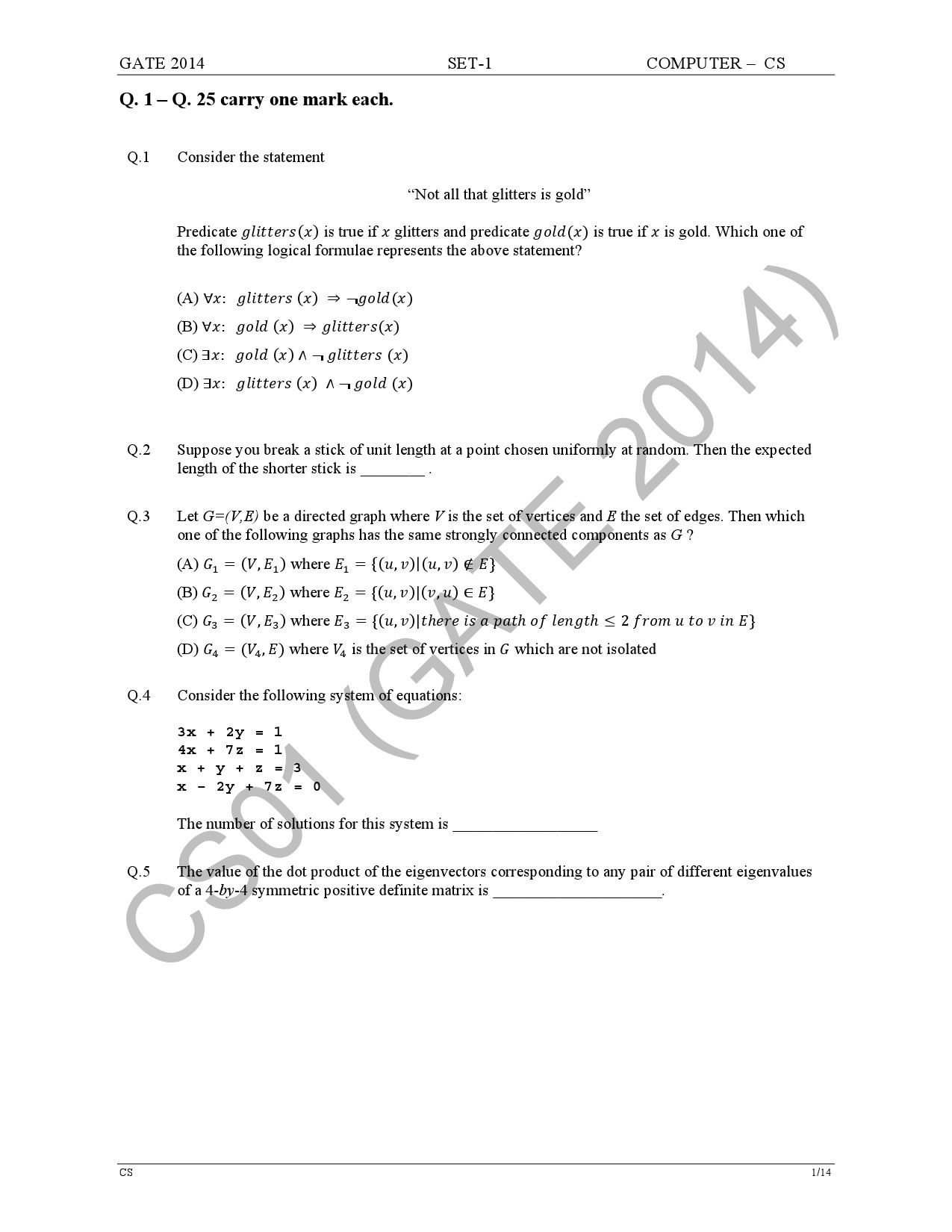 GATE Exam Question Paper 2014 Computer Science and Information Technology Set 1 7