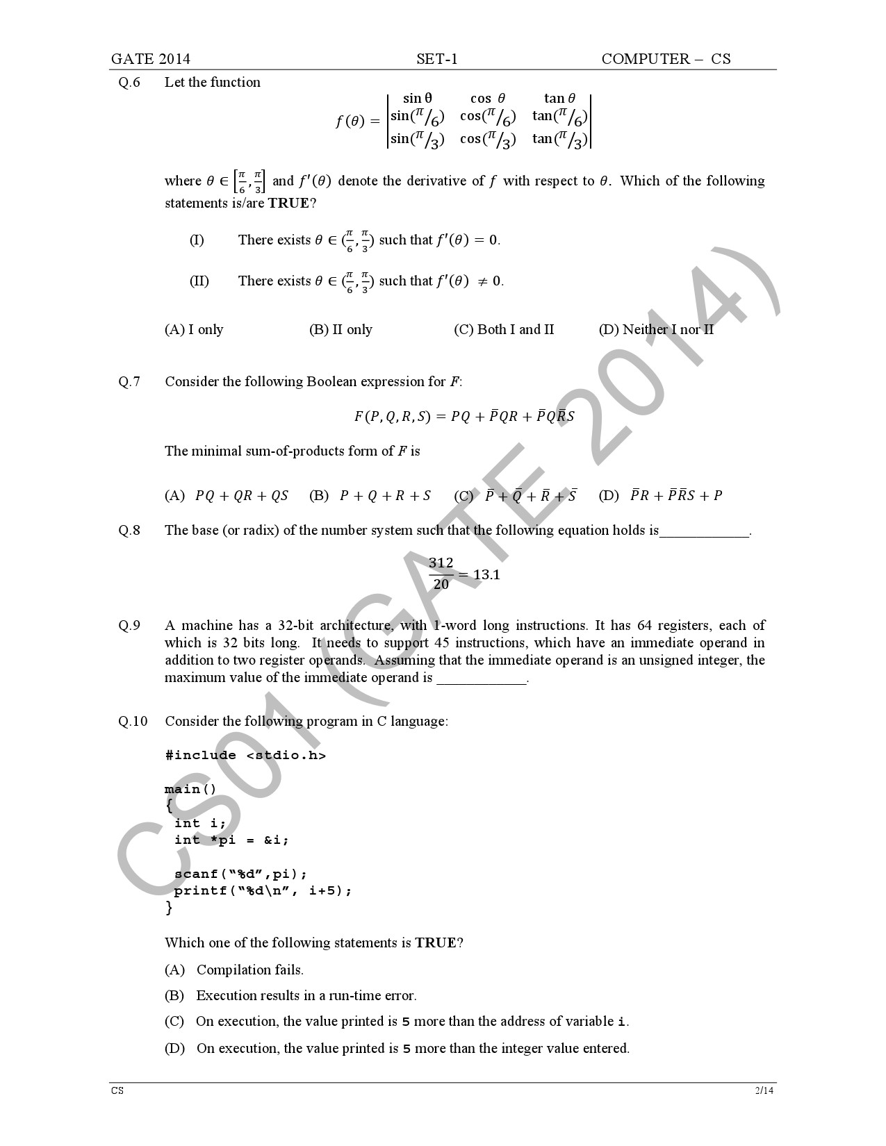 GATE Exam Question Paper 2014 Computer Science and Information Technology Set 1 8