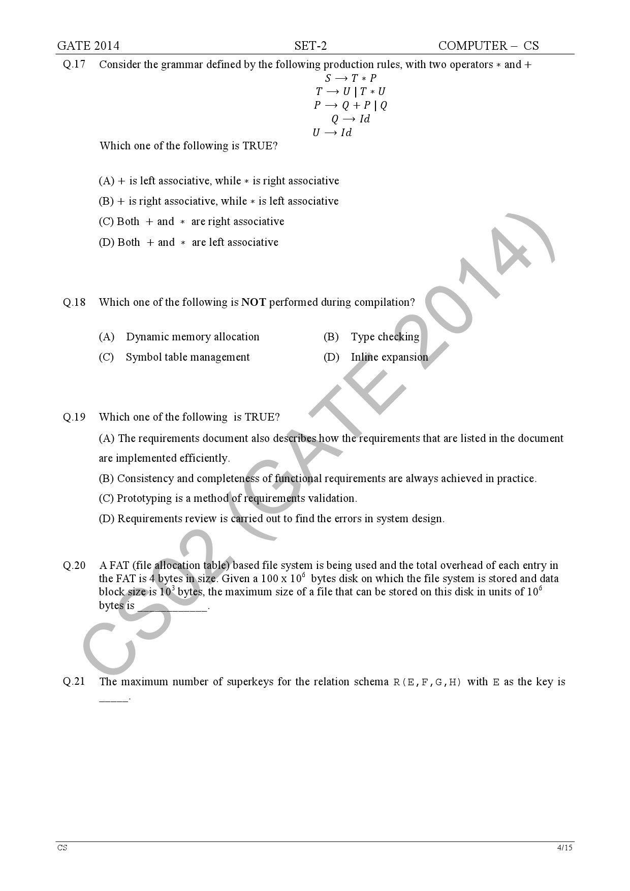 GATE Exam Question Paper 2014 Computer Science and Information Technology Set 2 10