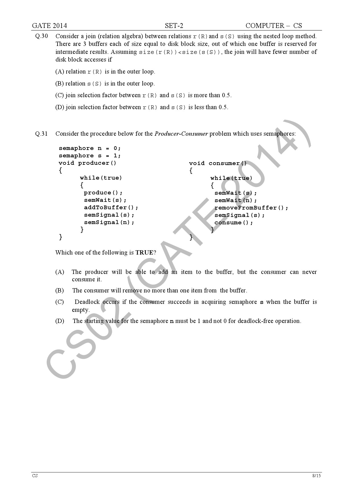GATE Exam Question Paper 2014 Computer Science and Information Technology Set 2 14