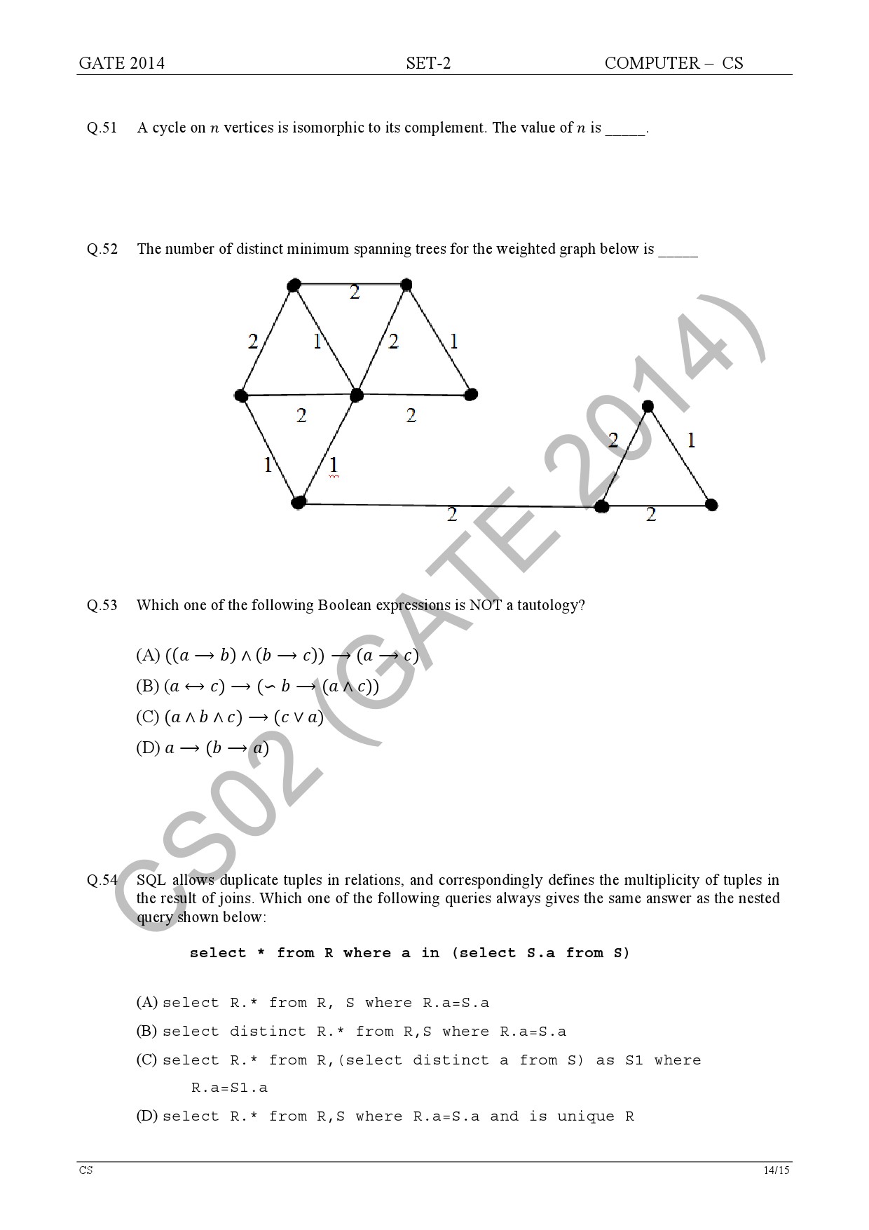 GATE Exam Question Paper 2014 Computer Science and Information Technology Set 2 20