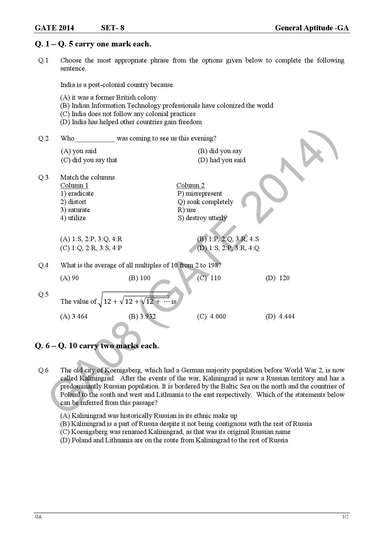 GATE Exam Question Paper 2014 Computer Science and Information Technology Set 2 5