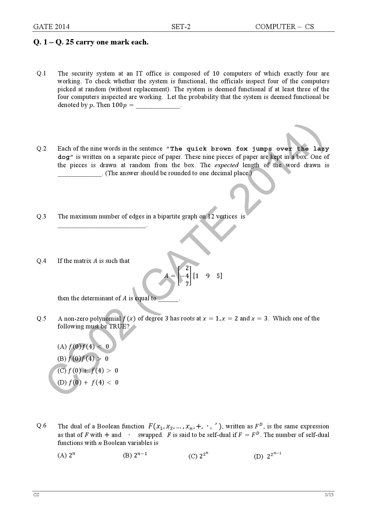 GATE Exam Question Paper 2014 Computer Science and Information Technology Set 2 7