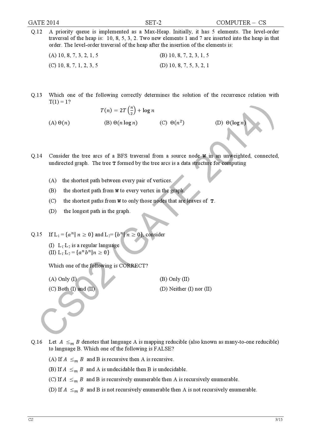 GATE Exam Question Paper 2014 Computer Science and Information Technology Set 2 9