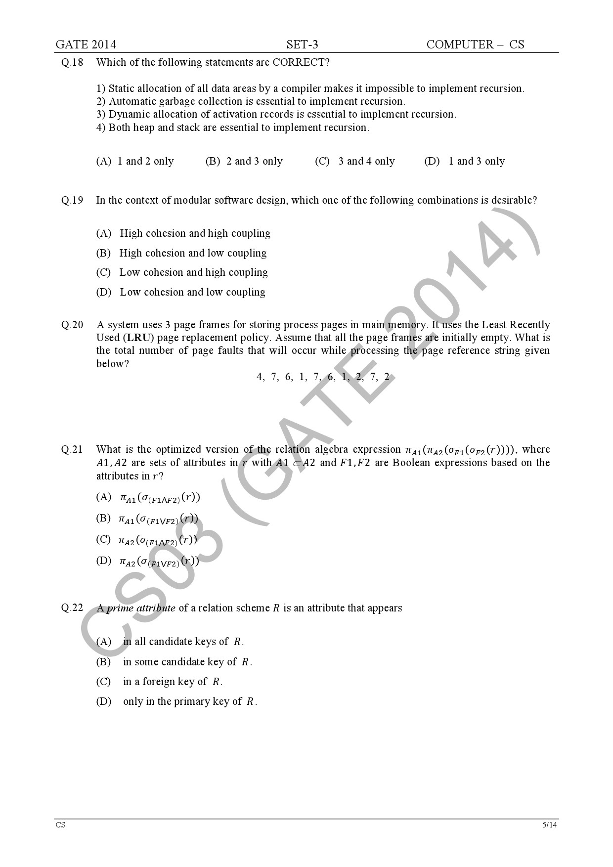 GATE Exam Question Paper 2014 Computer Science and Information Technology Set 3 11