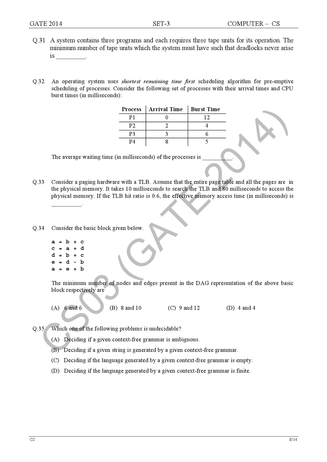 GATE Exam Question Paper 2014 Computer Science and Information Technology Set 3 14