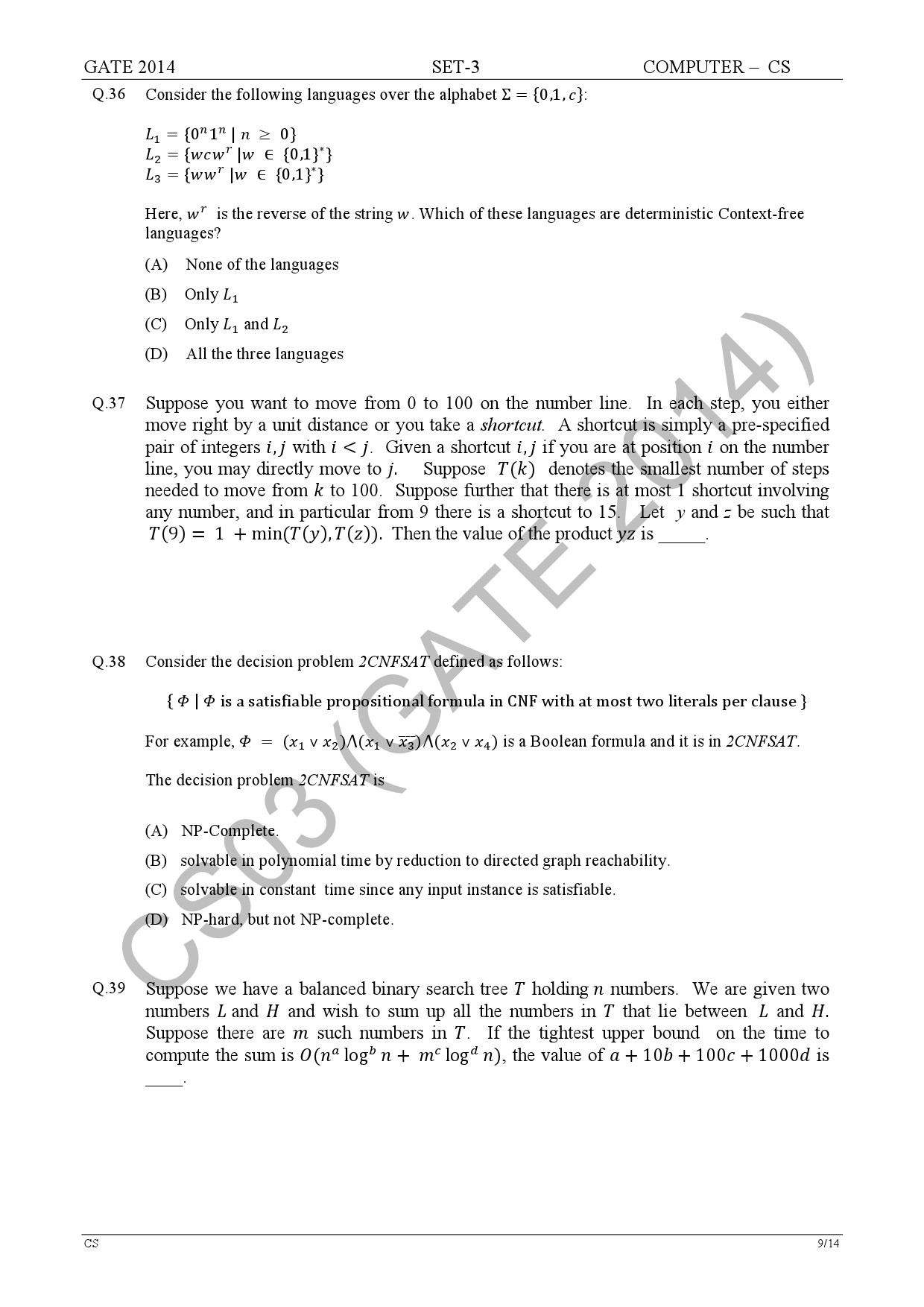 GATE Exam Question Paper 2014 Computer Science and Information Technology Set 3 15