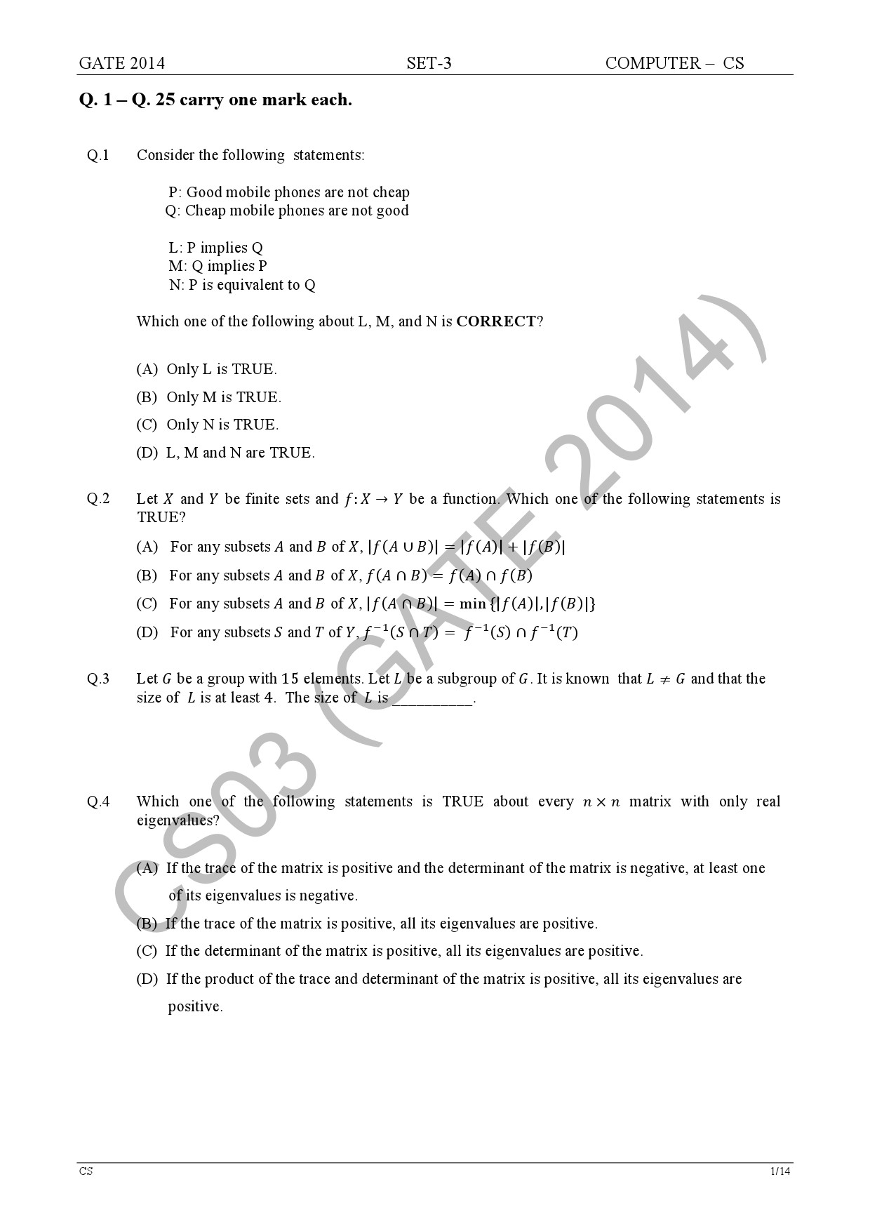 GATE Exam Question Paper 2014 Computer Science and Information Technology Set 3 7