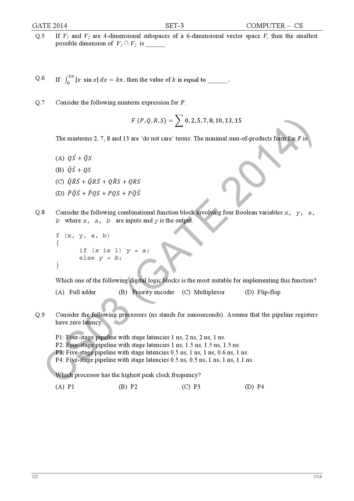 GATE Exam Question Paper 2014 Computer Science and Information Technology Set 3 8
