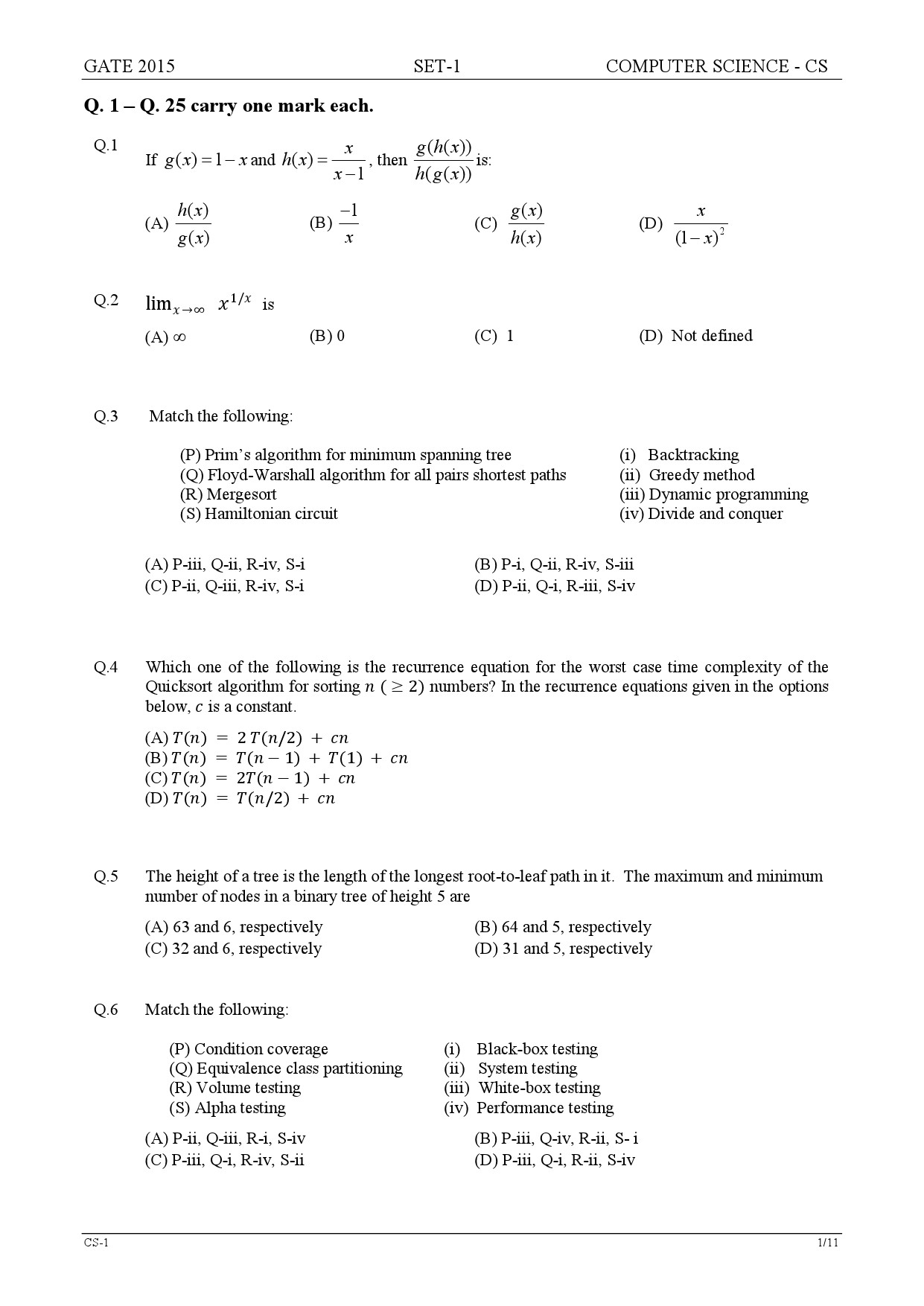 GATE Exam Question Paper 2015 Computer Science and Information Technology Set 1 1