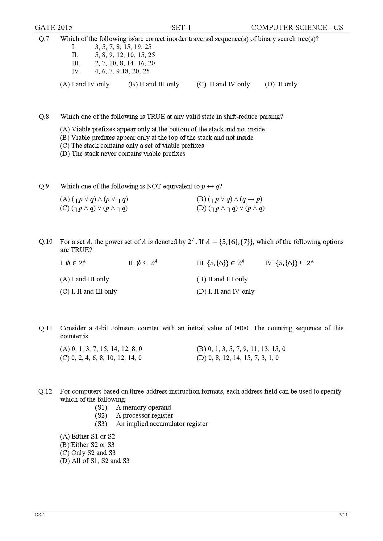 GATE Exam Question Paper 2015 Computer Science and Information Technology Set 1 2