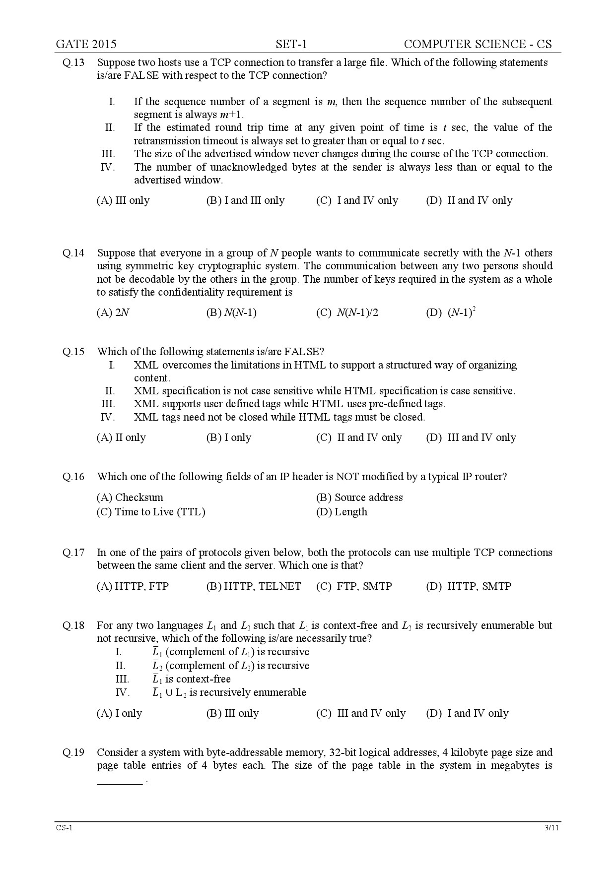 GATE Exam Question Paper 2015 Computer Science and Information Technology Set 1 3