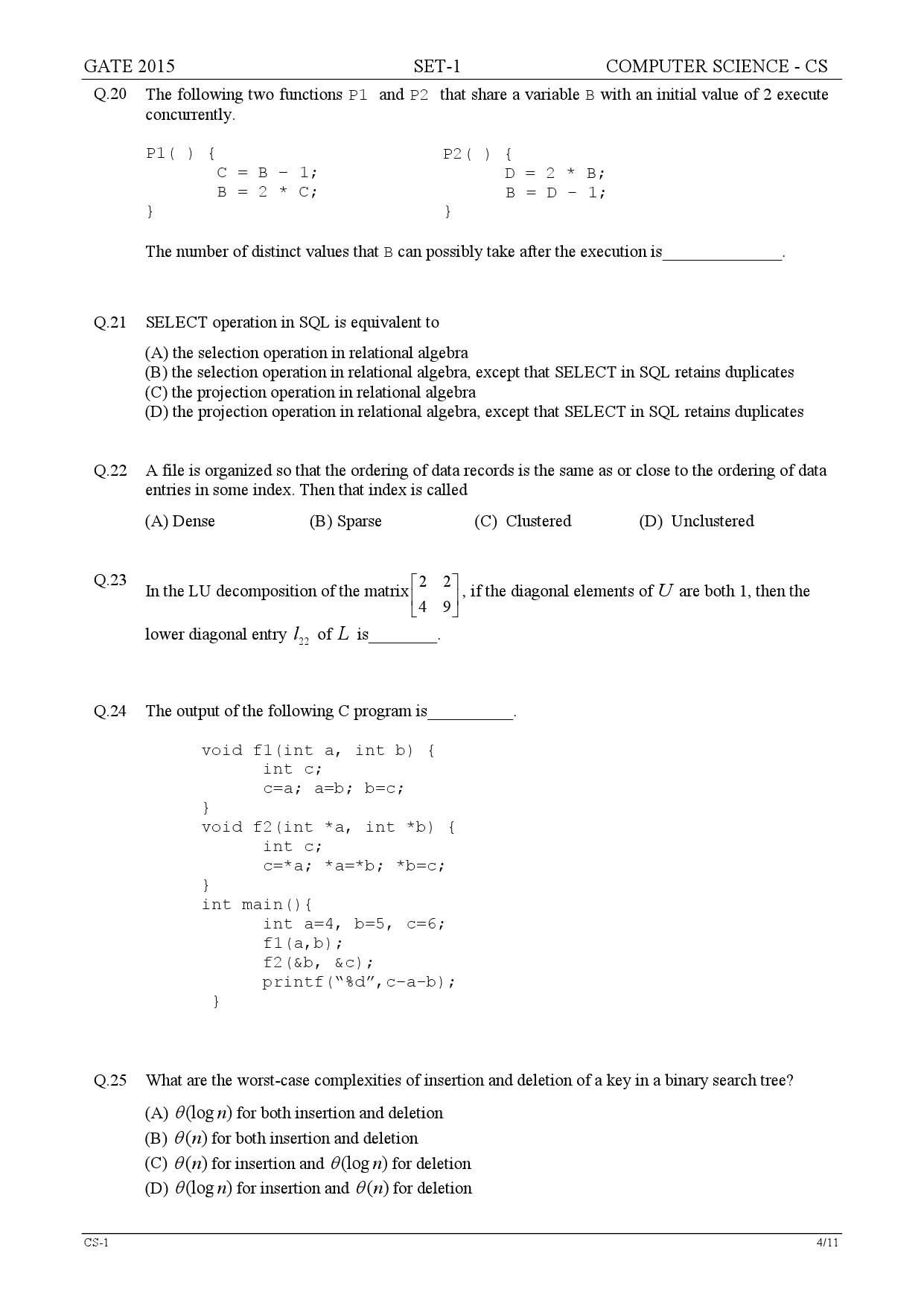 GATE Exam Question Paper 2015 Computer Science and Information Technology Set 1 4