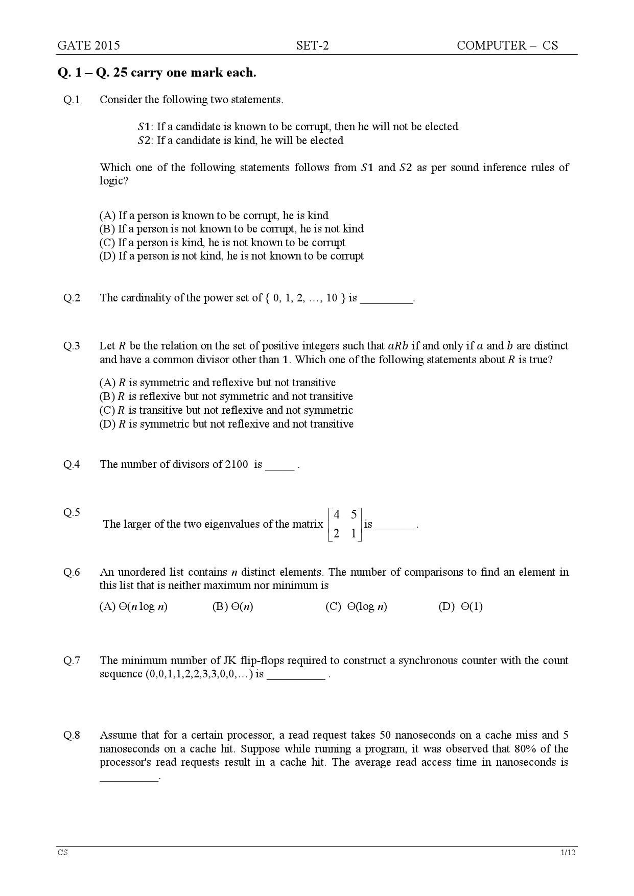 GATE Exam Question Paper 2015 Computer Science and Information Technology Set 2 1