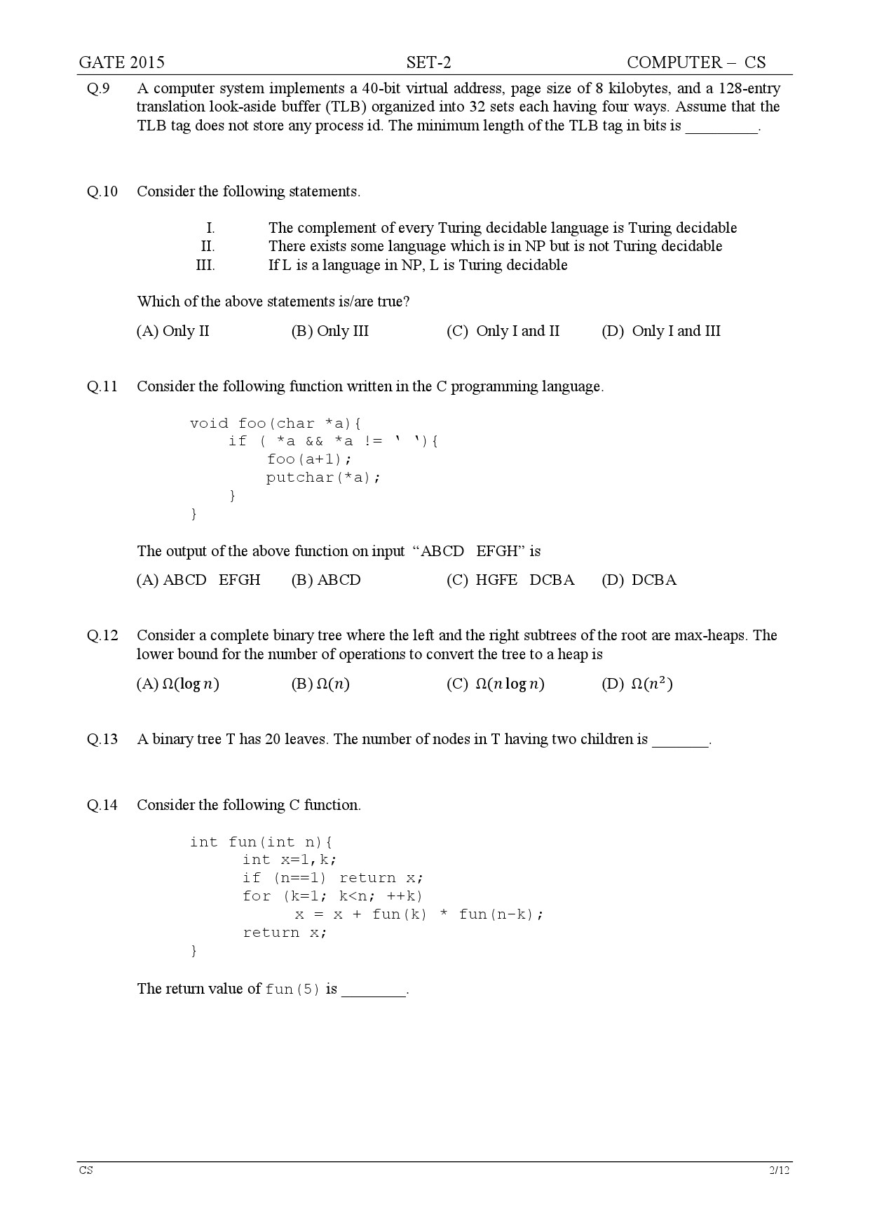 GATE Exam Question Paper 2015 Computer Science and Information Technology Set 2 2