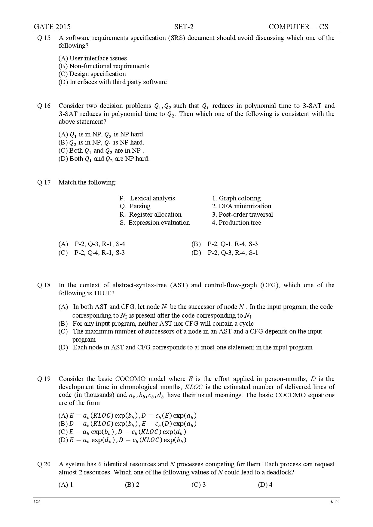 GATE Exam Question Paper 2015 Computer Science and Information Technology Set 2 3