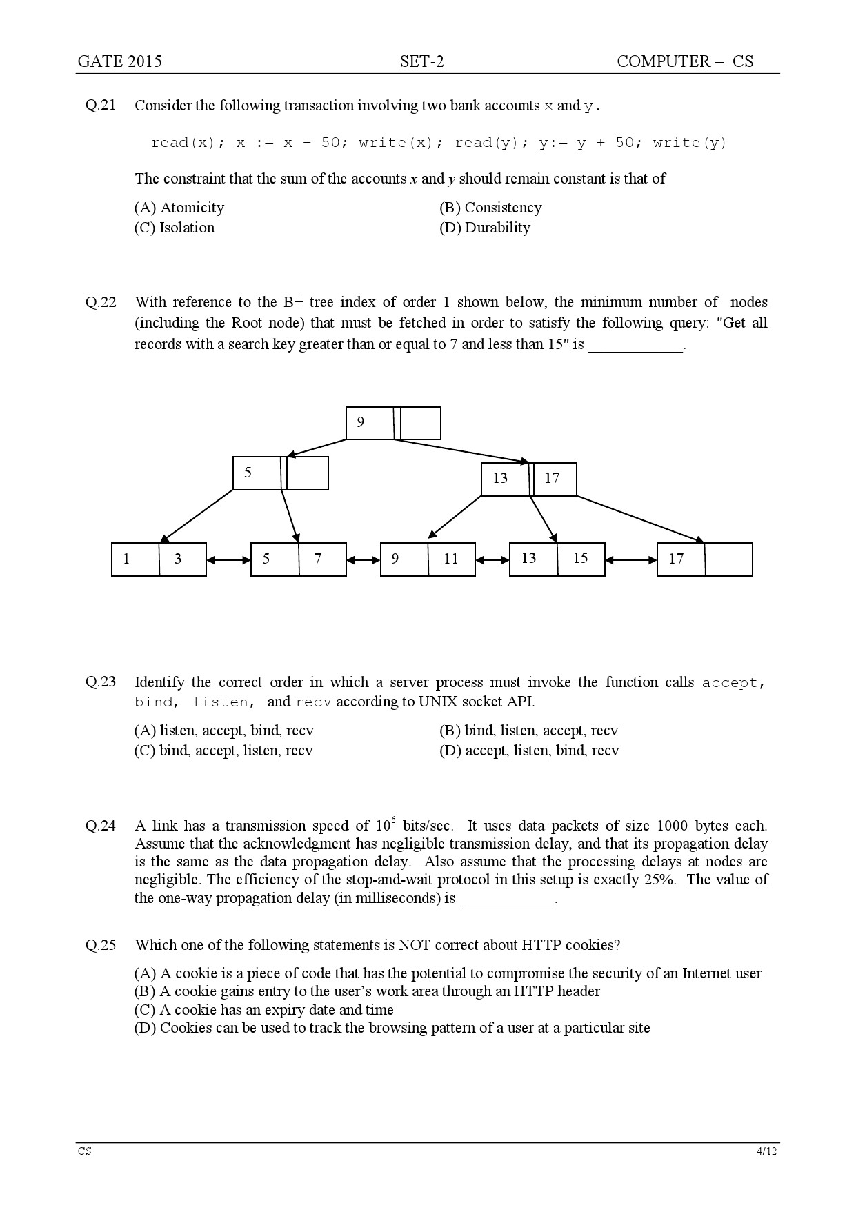 GATE Exam Question Paper 2015 Computer Science and Information Technology Set 2 4