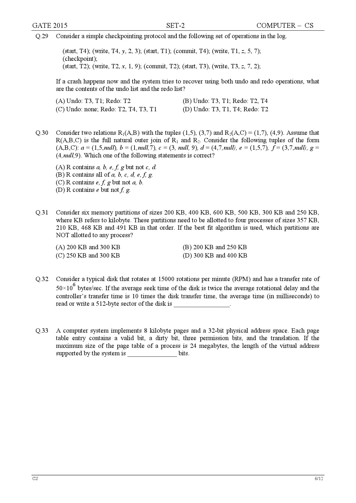 GATE Exam Question Paper 2015 Computer Science and Information Technology Set 2 6