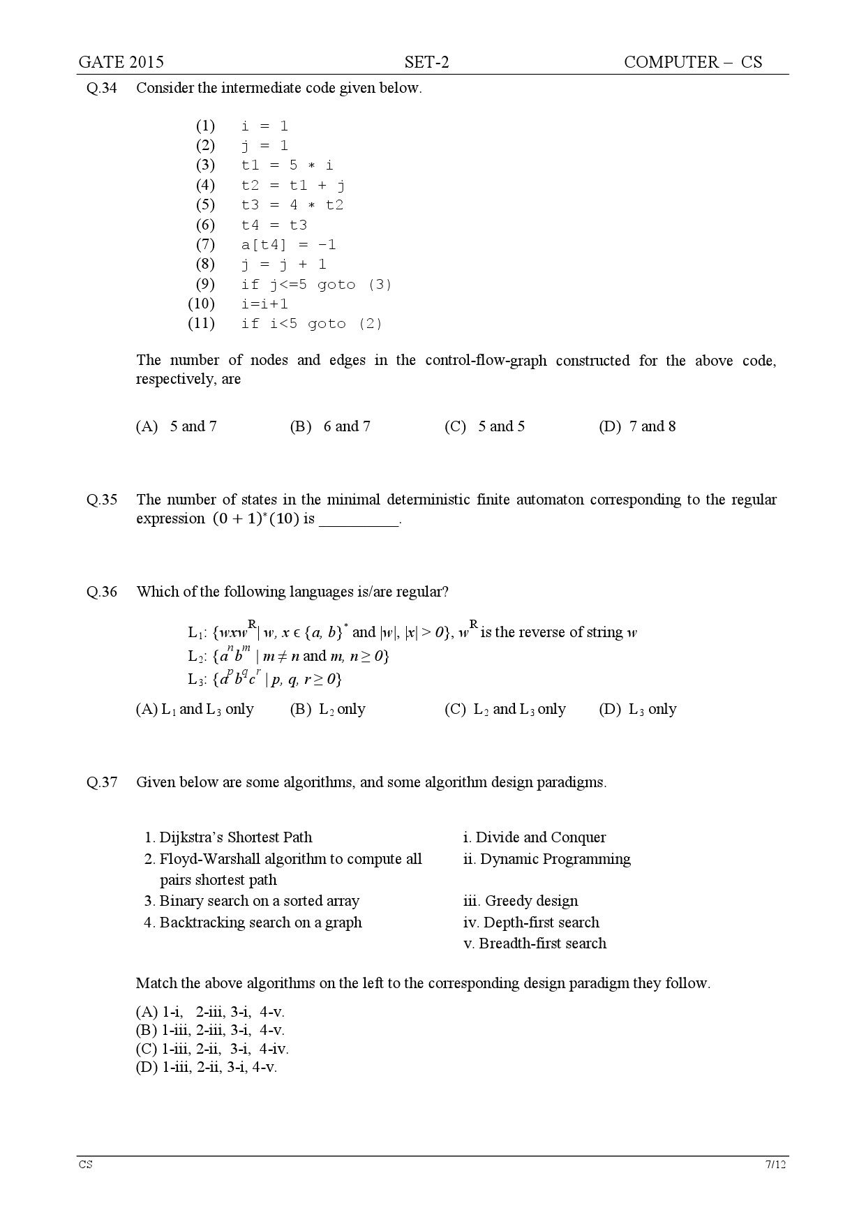 GATE Exam Question Paper 2015 Computer Science and Information Technology Set 2 7
