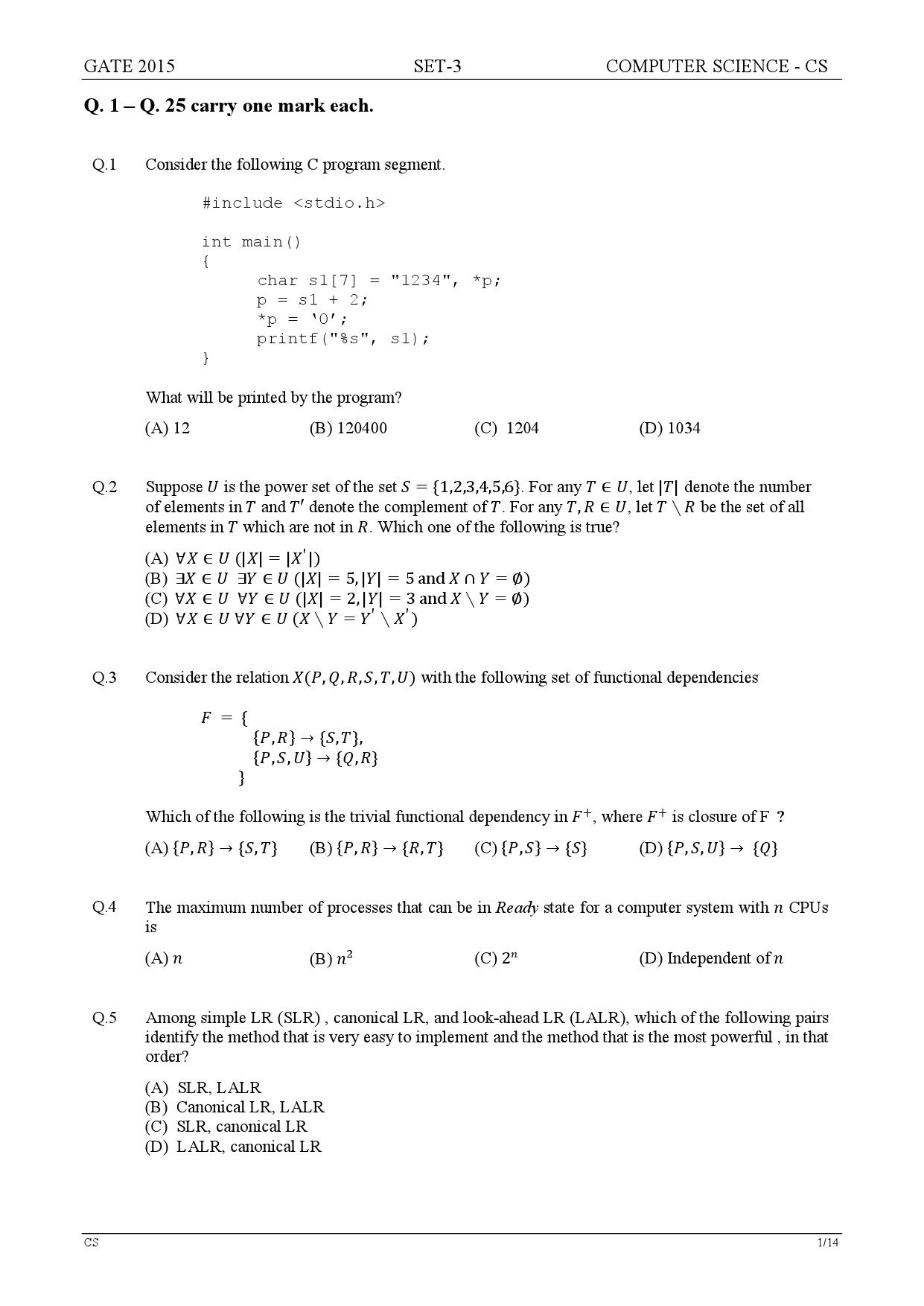 GATE Exam Question Paper 2015 Computer Science and Information Technology Set 3 1