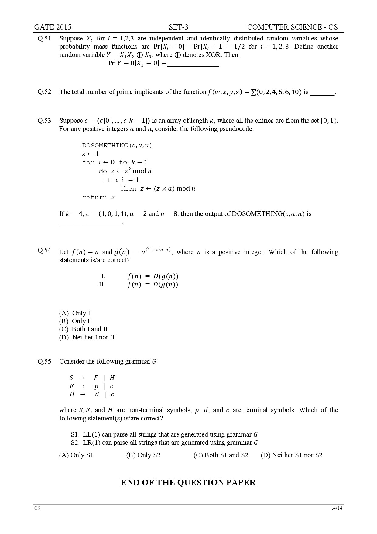 GATE Exam Question Paper 2015 Computer Science and Information Technology Set 3 14