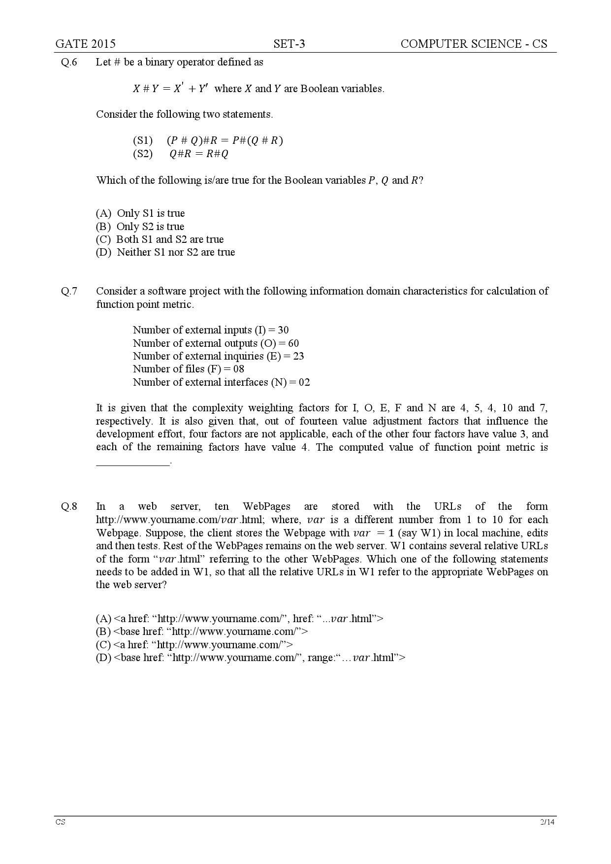 GATE Exam Question Paper 2015 Computer Science and Information Technology Set 3 2