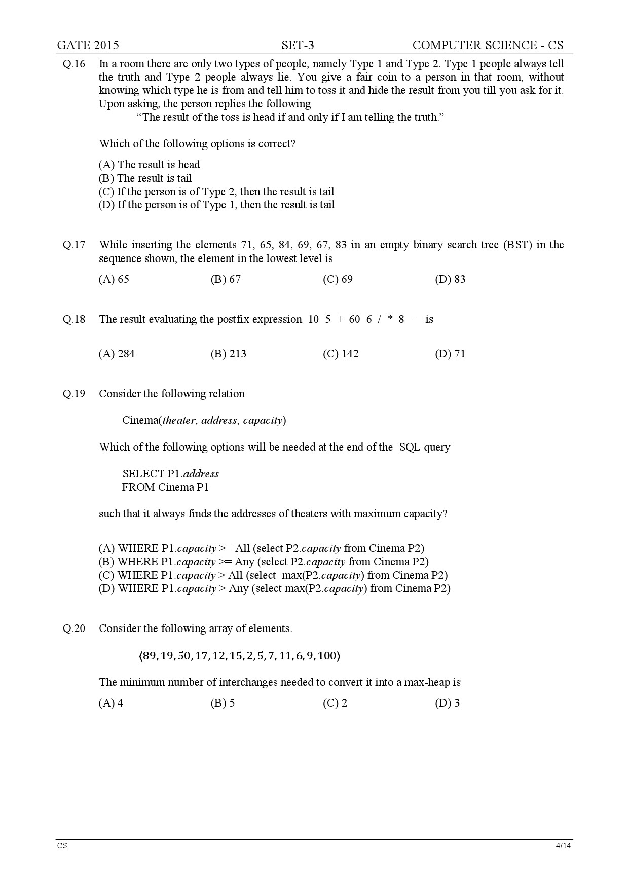 GATE Exam Question Paper 2015 Computer Science and Information Technology Set 3 4