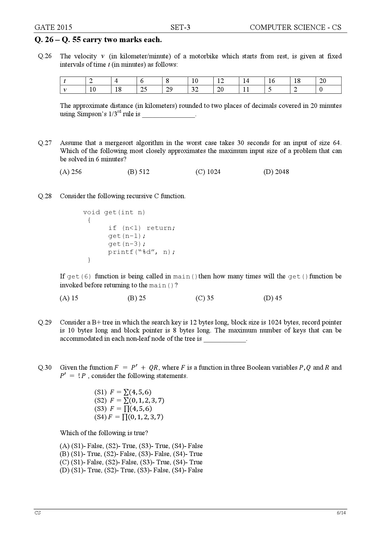 GATE Exam Question Paper 2015 Computer Science and Information Technology Set 3 6