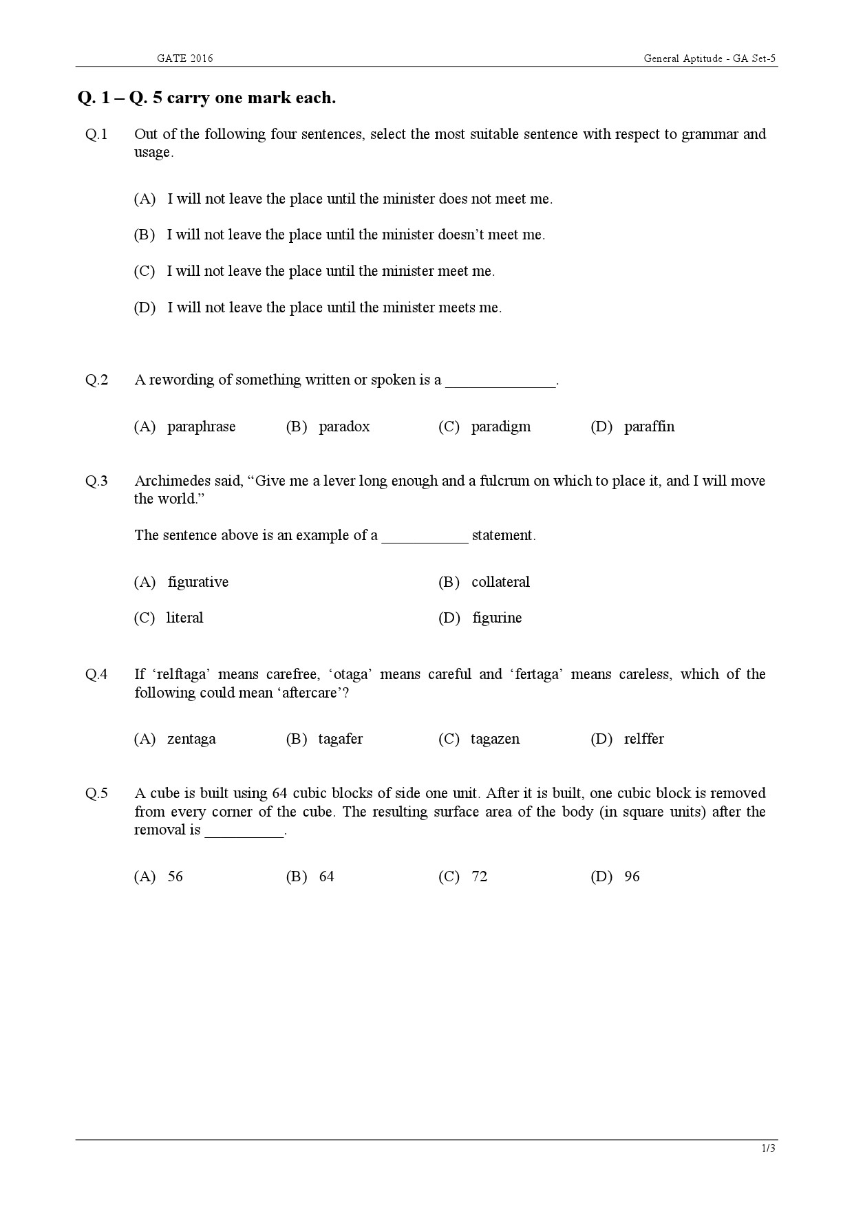 GATE Exam Question Paper 2016 Computer Science and Information Technology Set A 1