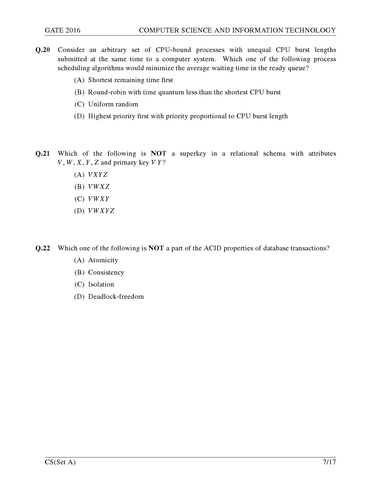 GATE Exam Question Paper 2016 Computer Science and Information Technology Set A 10