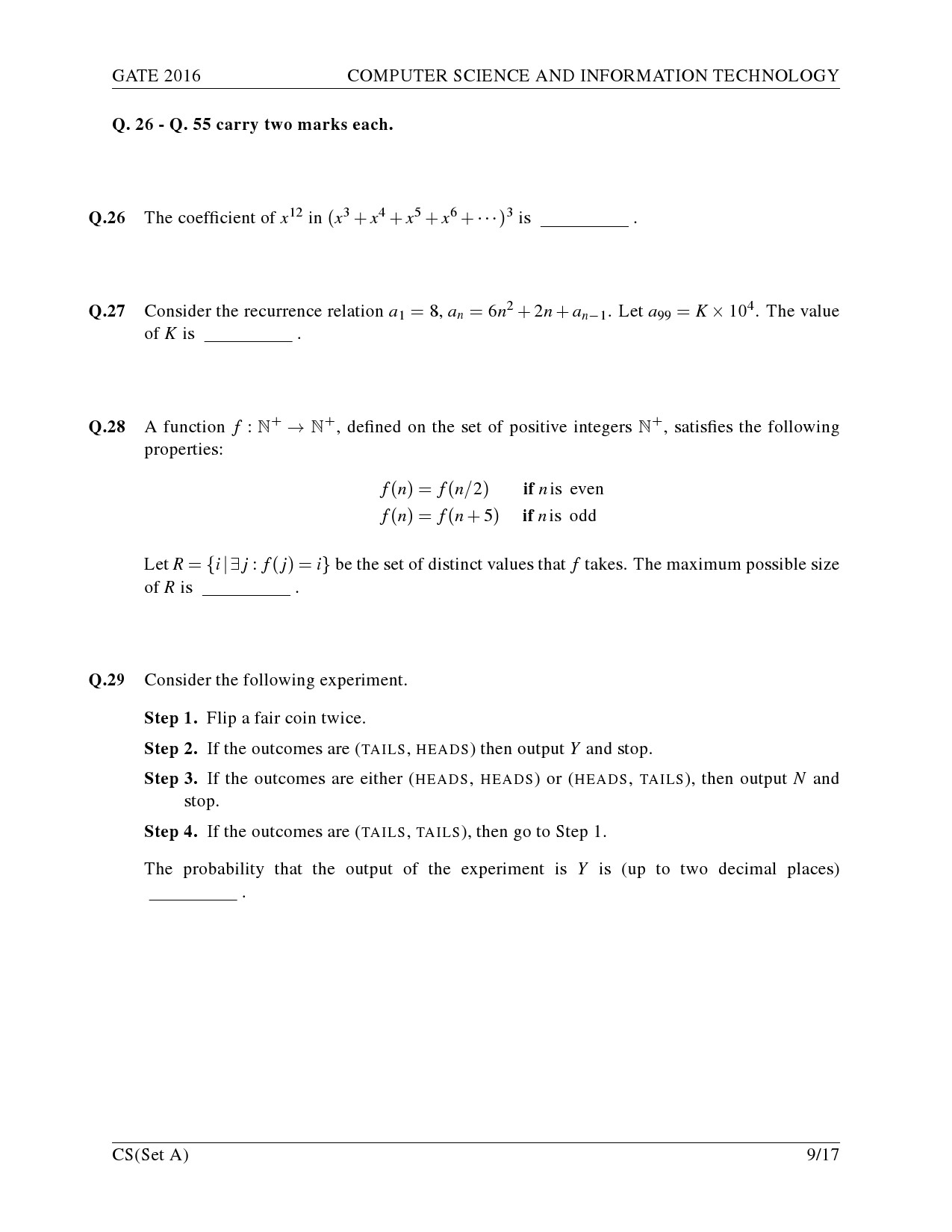 GATE Exam Question Paper 2016 Computer Science and Information Technology Set A 12
