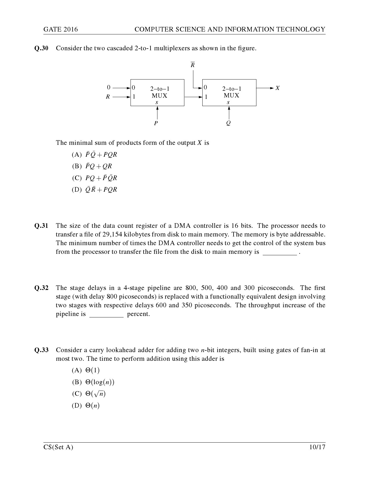 GATE Exam Question Paper 2016 Computer Science and Information Technology Set A 13