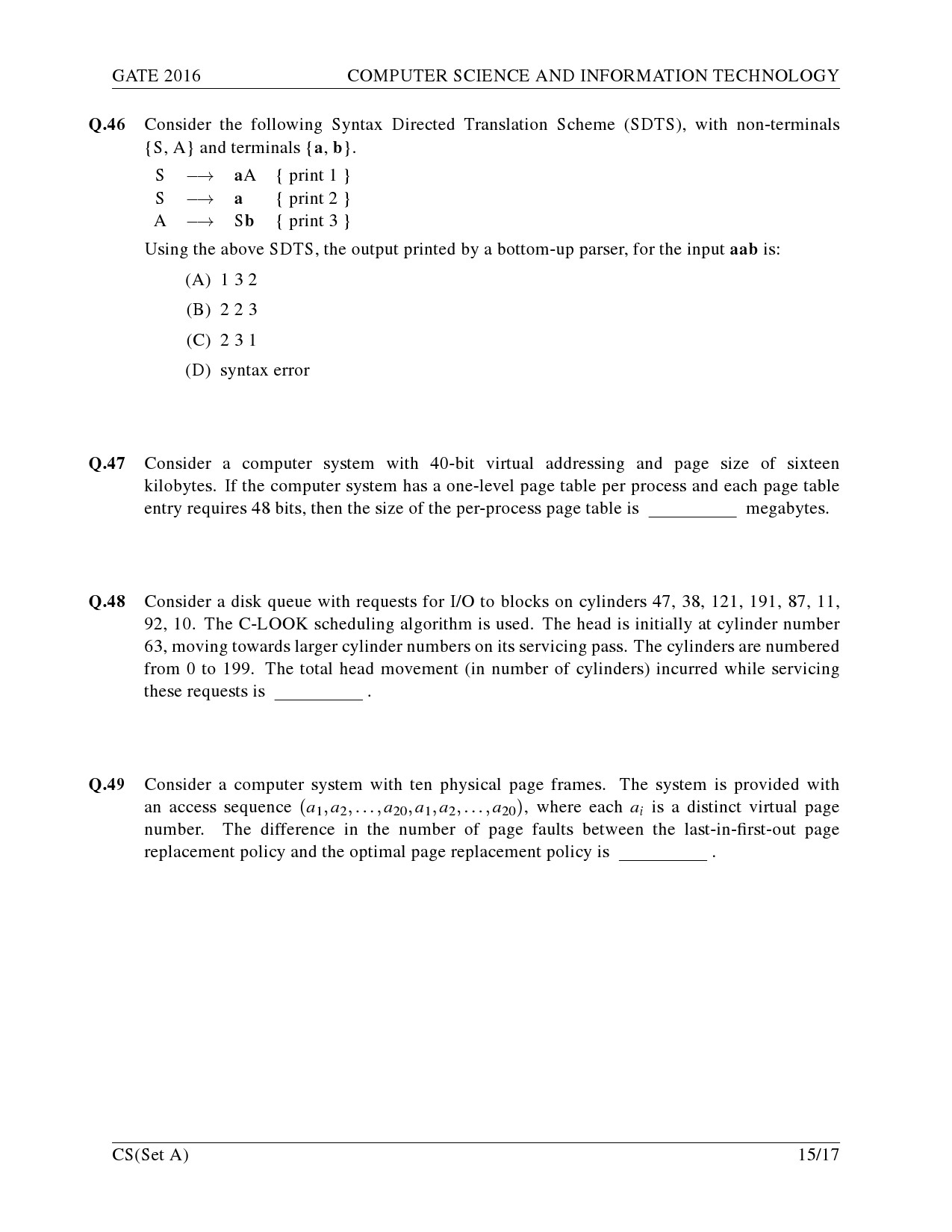 GATE Exam Question Paper 2016 Computer Science and Information Technology Set A 18
