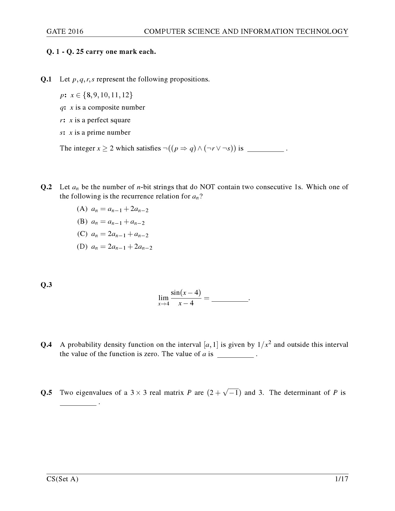 GATE Exam Question Paper 2016 Computer Science and Information Technology Set A 4