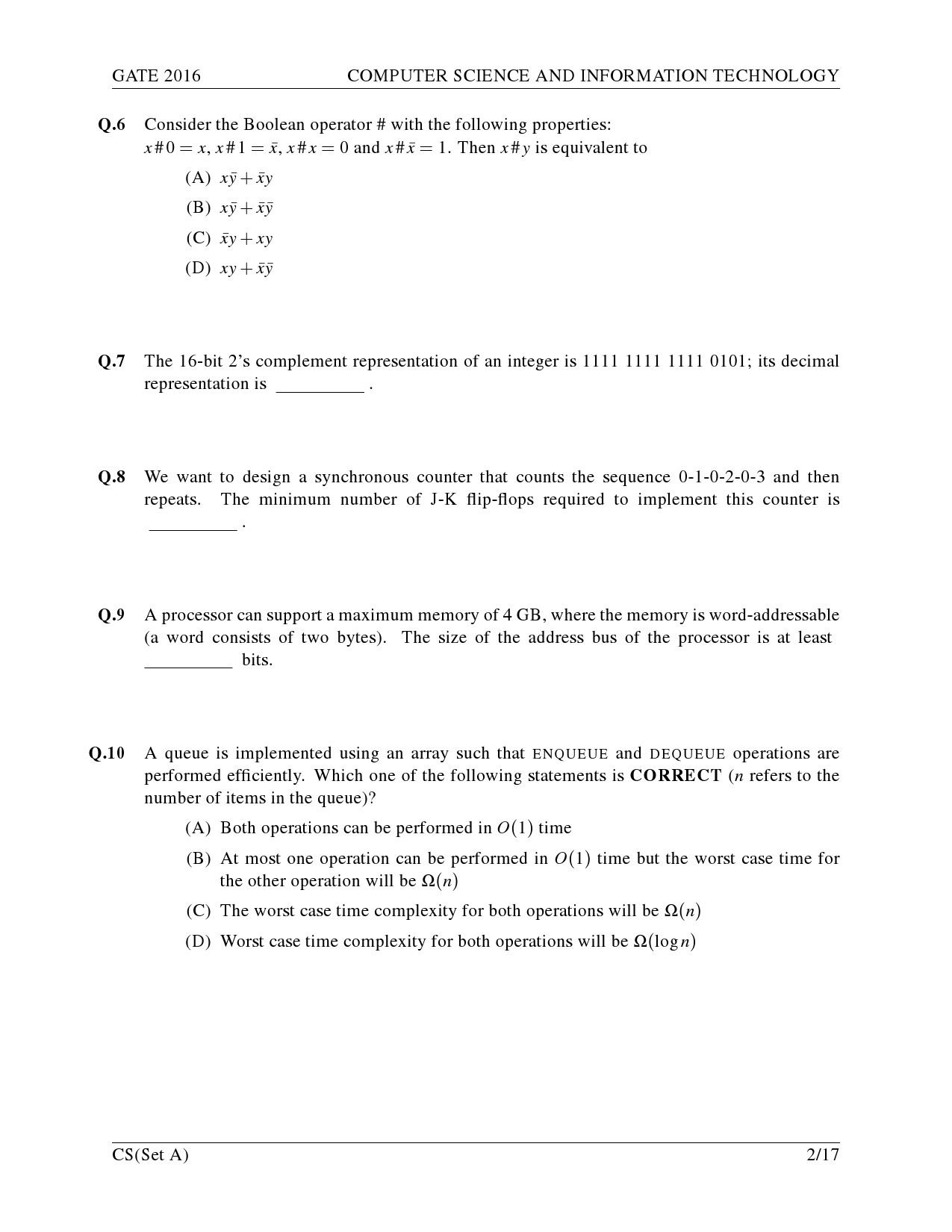 GATE Exam Question Paper 2016 Computer Science and Information Technology Set A 5