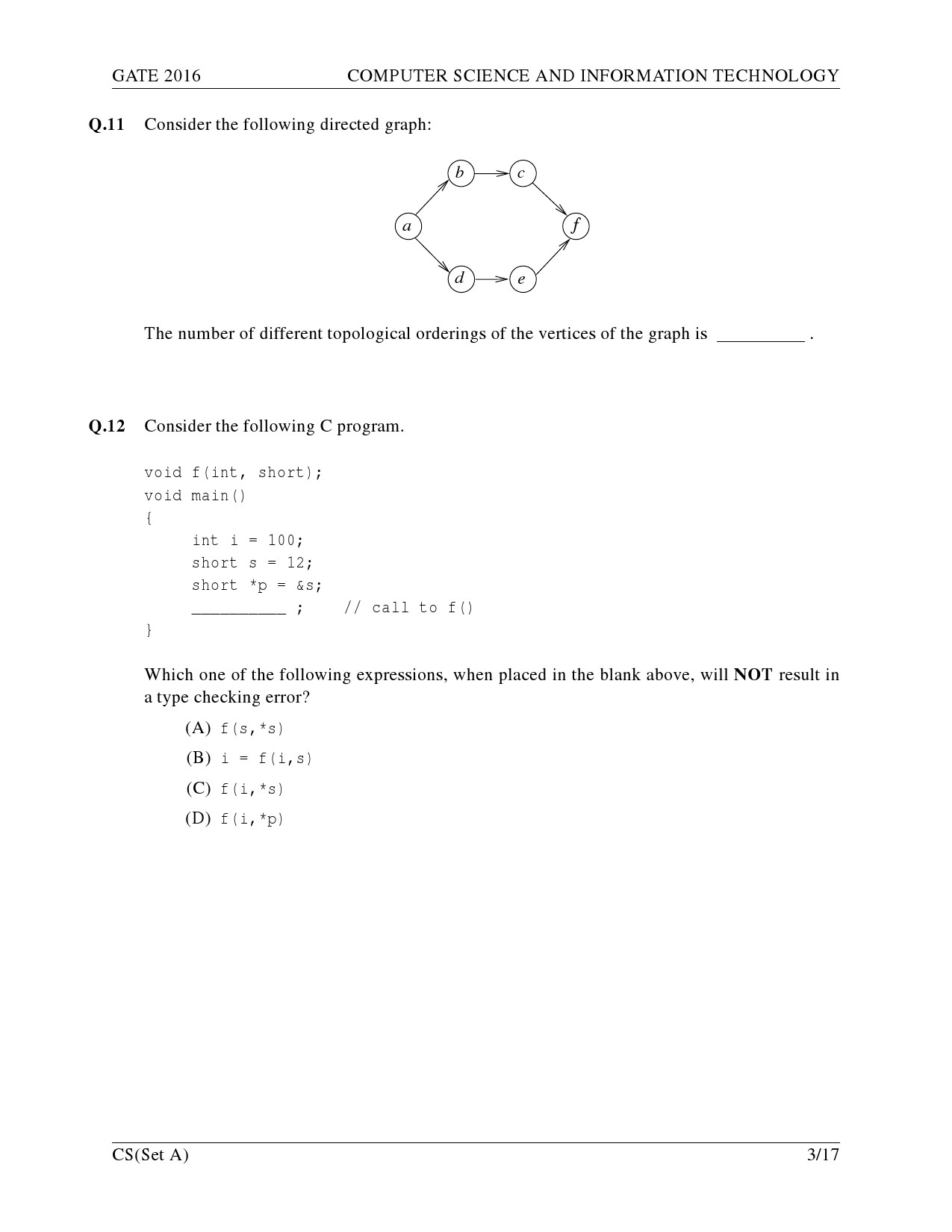 GATE Exam Question Paper 2016 Computer Science and Information Technology Set A 6