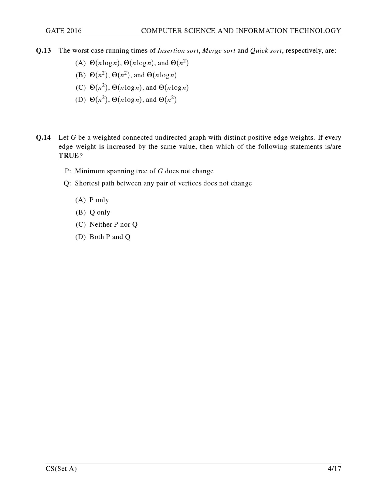 GATE Exam Question Paper 2016 Computer Science and Information Technology Set A 7